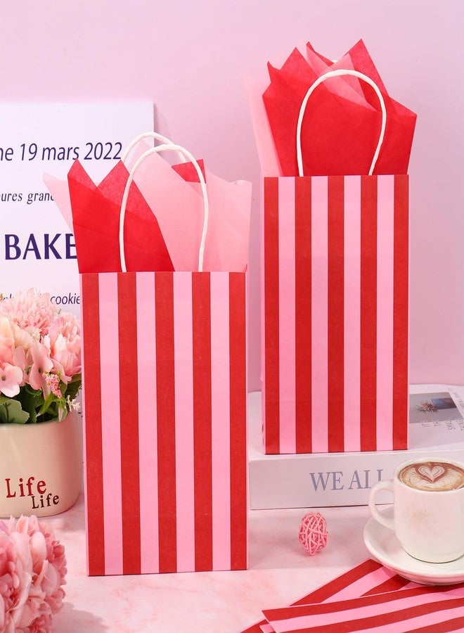 Whaline 16 Pcs Pink Red Stripe Paper Gift Bag Treat Bags with Handles Tissue Paper Candy Goodie Bags for Baby Shower Girl Birthday Circus Carnival Party Party Favors Supplies - Image 4