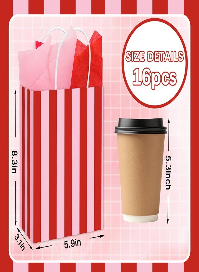 Whaline 16 Pcs Pink Red Stripe Paper Gift Bag Treat Bags with Handles Tissue Paper Candy Goodie Bags for Baby Shower Girl Birthday Circus Carnival Party Party Favors Supplies - Image 2