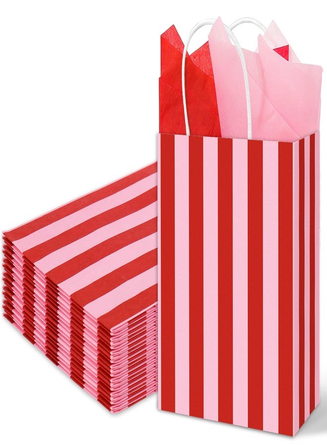Whaline 16 Pcs Pink Red Stripe Paper Gift Bag Treat Bags with Handles Tissue Paper Candy Goodie Bags for Baby Shower Girl Birthday Circus Carnival Party Party Favors Supplies - Image 1