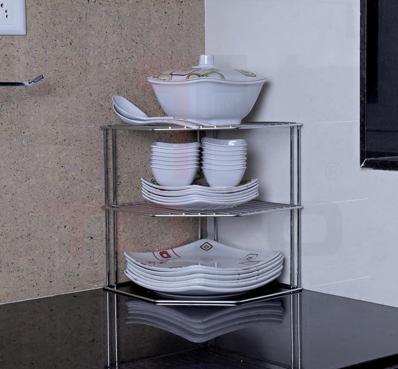 TORO Stainless Steel Multipurpose use 3Tier Kitchen Corner RackStorage ShelfDish RackStorage Rack for KitchenCorner Stand for Kitchen Corner Silver - Image 4