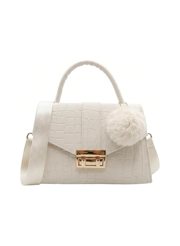 Women's Handbag Crossbody Bag,Crocodile Embossed, with Furry Pompon and Gold Buckle (White)