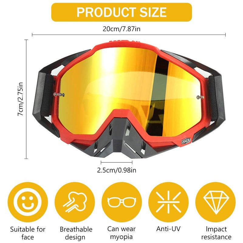 PROBEROS® Motorcycle Goggle, 100% Dirt Bike ATV Glasses, UV Protection Windproof Tainted Anti-Glare Anti-Fog, Riding Motocross Comfortable Foam Padding with Adjustable Headband, Red - Image 2