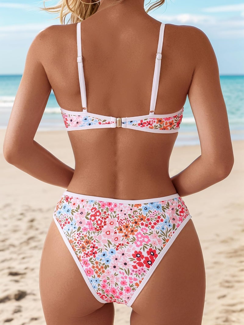 Fanuerg Women's Triangle Bikini Sets O Ring Linked Two Piece Swimsuits Floral Printed Cheeky Bathing Suit Pink Floral M - Image 2