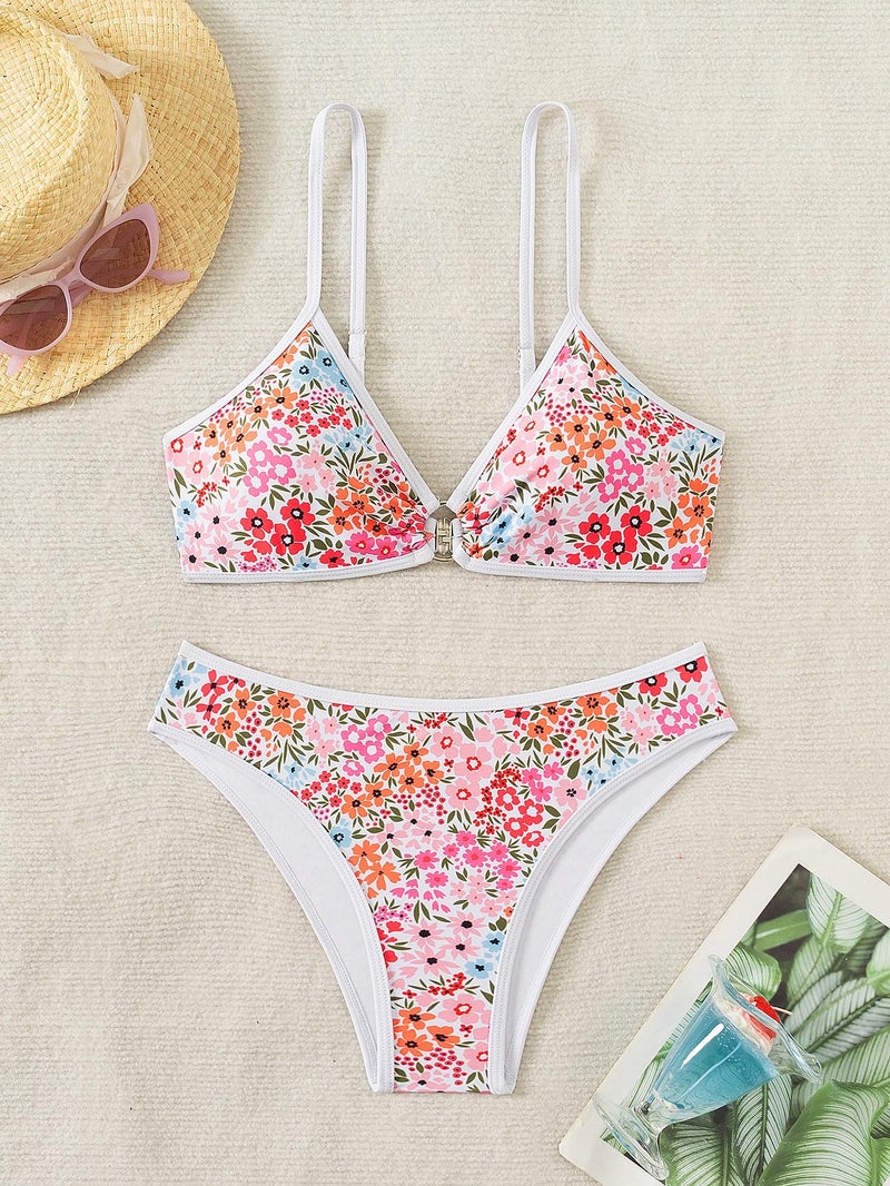 Fanuerg Women's Triangle Bikini Sets O Ring Linked Two Piece Swimsuits Floral Printed Cheeky Bathing Suit Pink Floral M - Image 4
