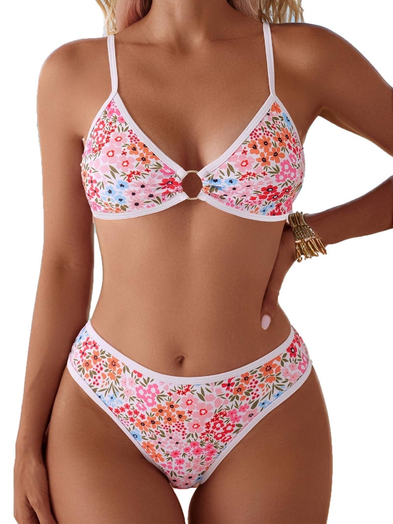 Fanuerg Women's Triangle Bikini Sets O Ring Linked Two Piece Swimsuits Floral Printed Cheeky Bathing Suit Pink Floral M - Image 1