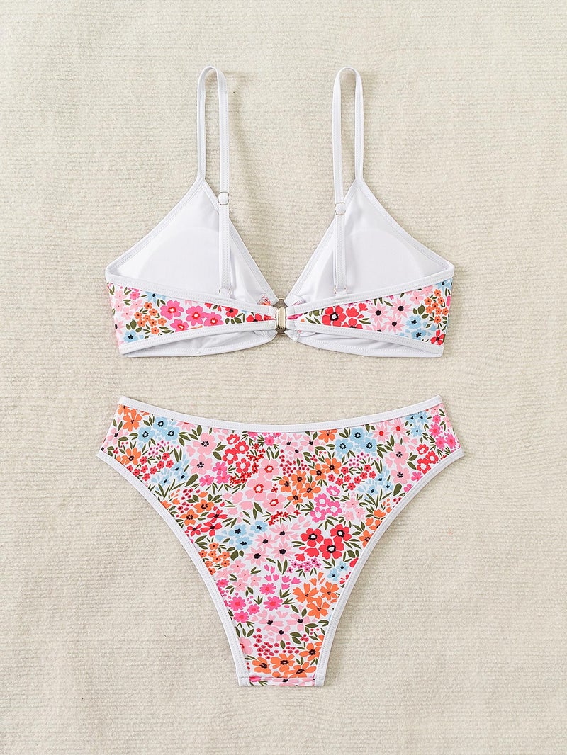 Fanuerg Women's Triangle Bikini Sets O Ring Linked Two Piece Swimsuits Floral Printed Cheeky Bathing Suit Pink Floral M - Image 5