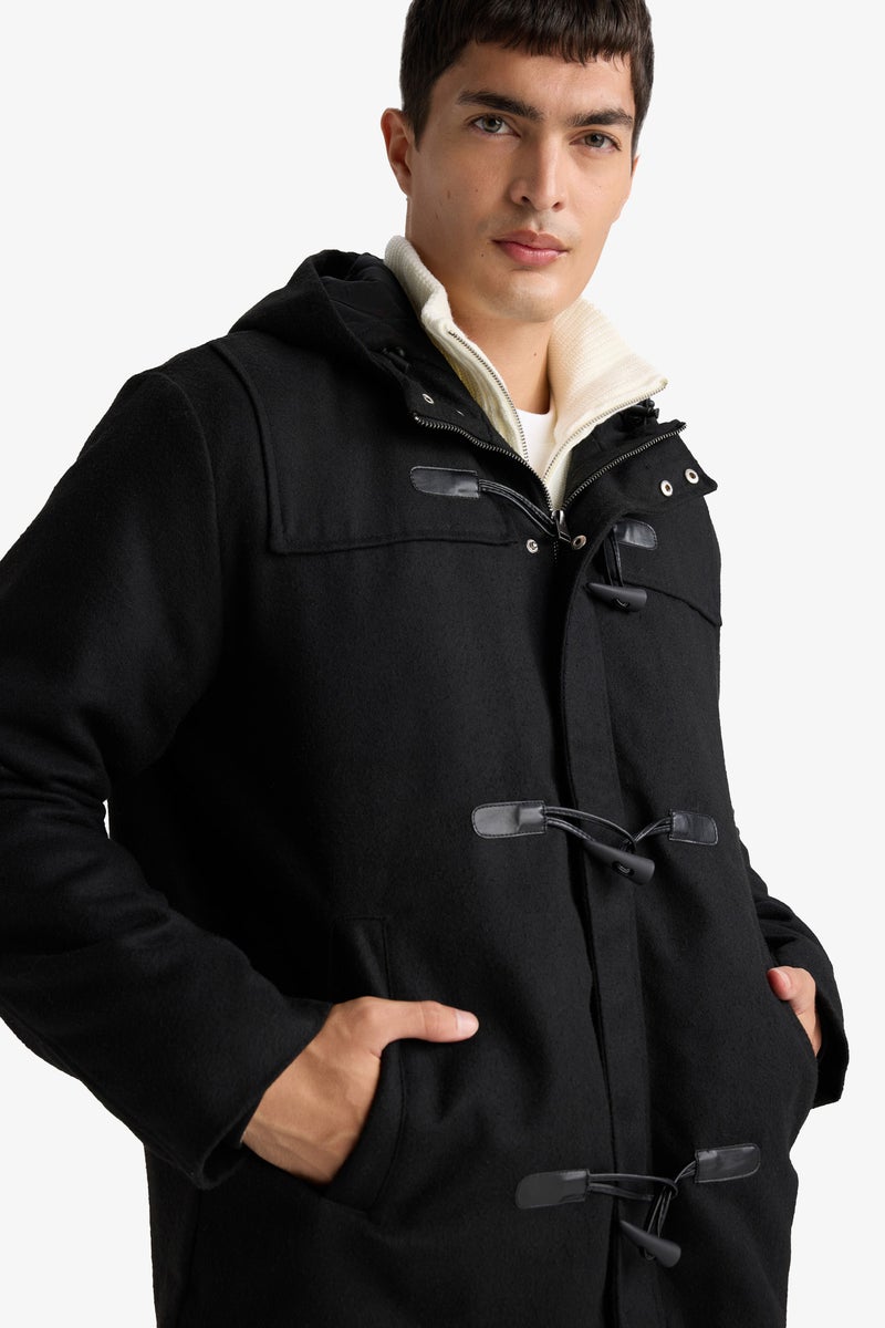 DeFacto Black Man Regular Fit Hooded Button Closure Inner Pockets Cachet Coat Casual - Image 5