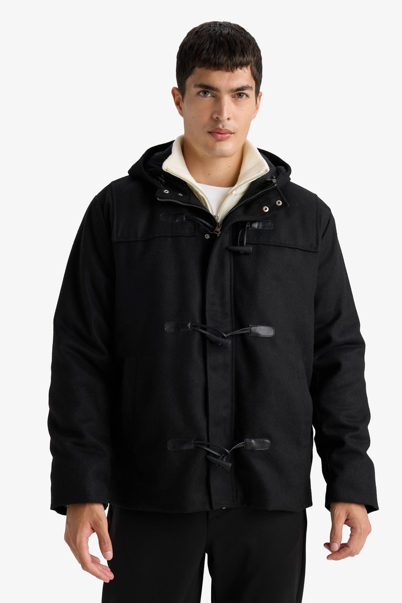 DeFacto Black Man Regular Fit Hooded Button Closure Inner Pockets Cachet Coat Casual - Image 3