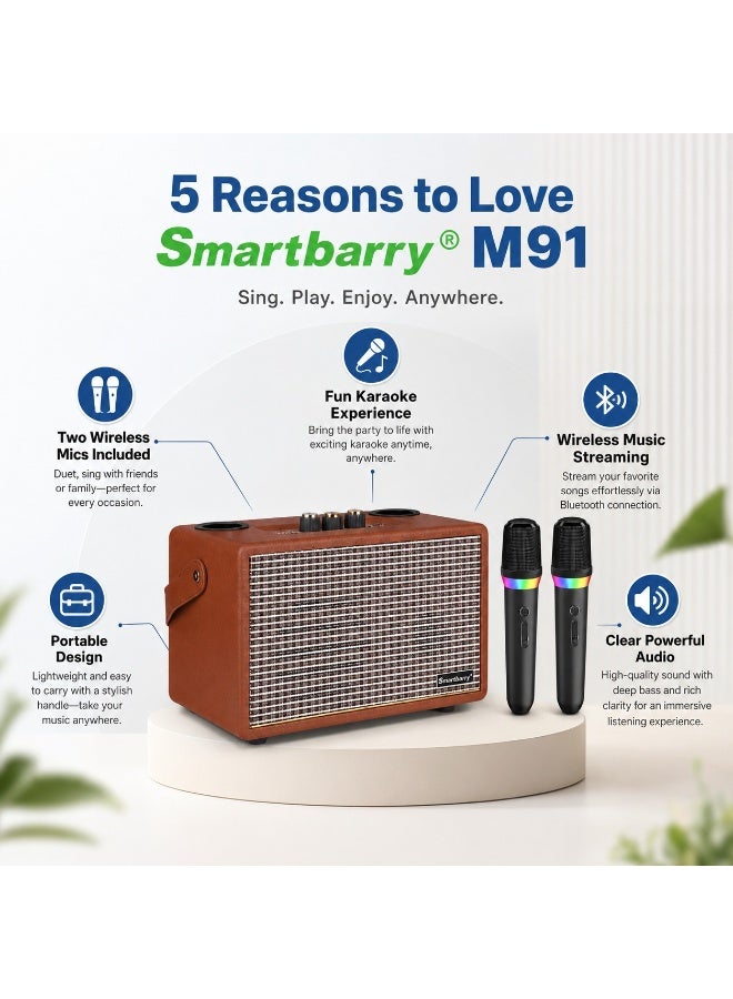 Smartbarry M91 Wireless Karaoke Speaker With 2 Wireless Microphones Portable Bluetooth Speaker Retro Brown Design Rechargeable Party Speaker USB AUX Support For Home Gatherings Outdoor Events Music Entertainment - Image 2