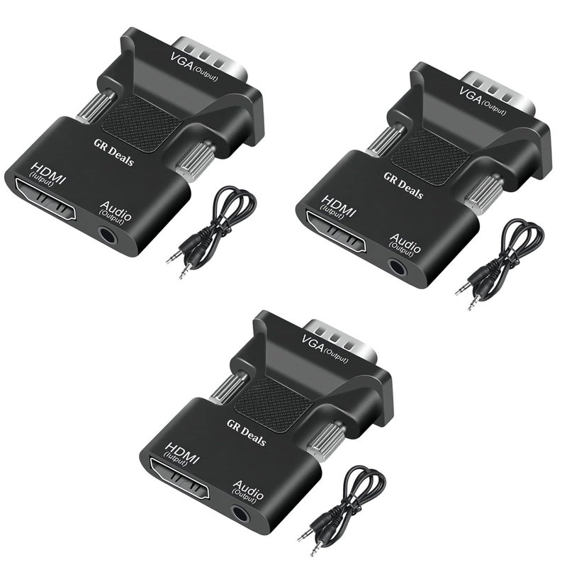 GR Deals GR Deals HDMI to VGA Adapter Converter with 3.5mm Stereo Audio, Active Female HDMI to VGA Male 1080p Video Dongle Adaptor for Laptop PC PS/3 X/-Box STB Blu-ray DVD TV Stick. Black. (Pack of 3) - Image 1