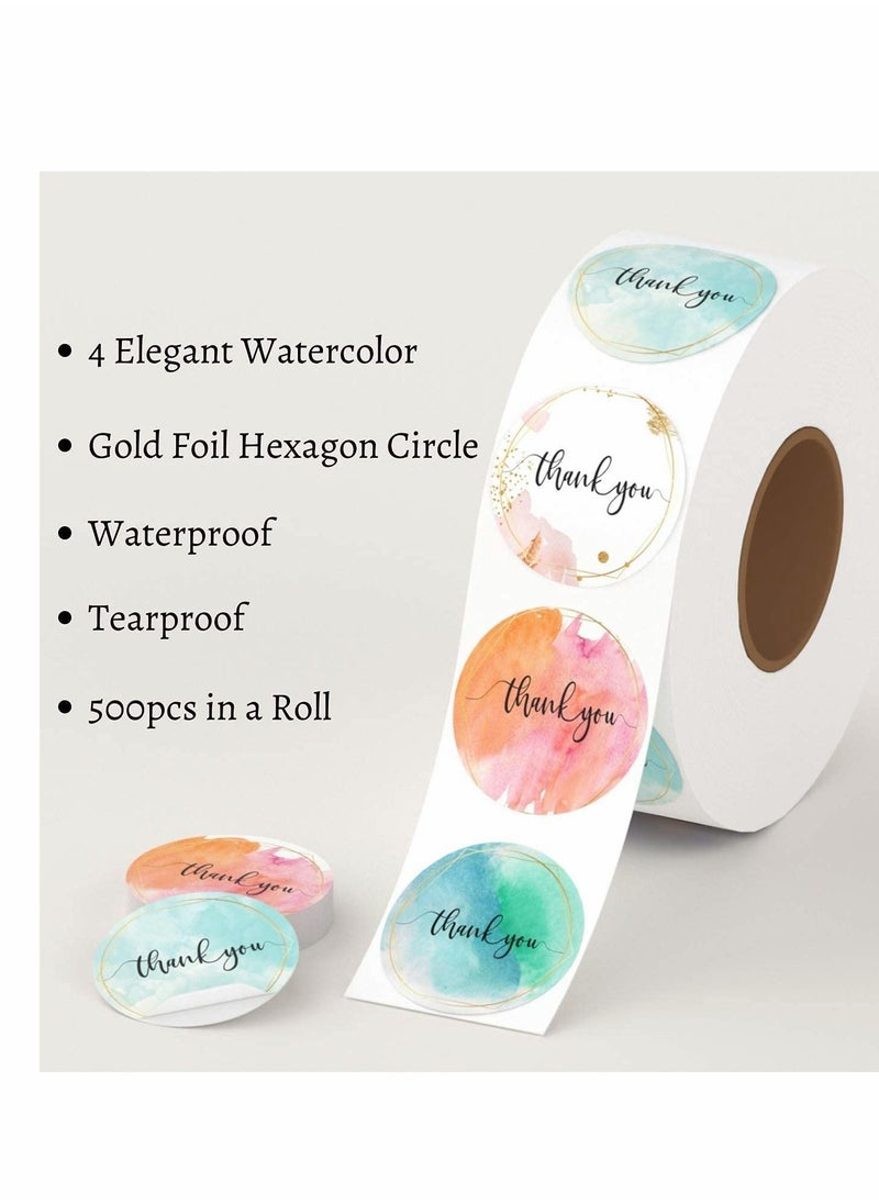 Y&D Party Thank You Stickers Roll, Lakobos Elegant Water Color with Gold Foil, Waterproof, 500 Labels for Small Business, Floral Designer, Artist, 4 Watercolor...  - Image 4