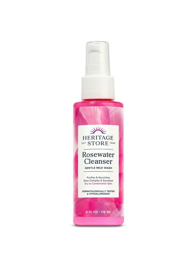HERITAGE STORE Rosewater Facial Cleanser, pH Balanced Milk Wash Purifies and Nourishes w/ Squalane and Rose Complex, Dry to Combination Skin, Hypoallergenic, Vegan, Cruelty Free, 60-Day Guarantee, 4oz - Image 1