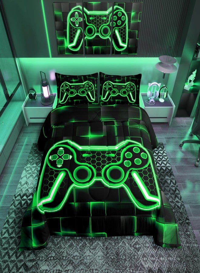Feelyou Kids Gamer Comforter Set Twin Size Green and Black Bedding Set for Boys Teens Decor Gaming Ombre Comforter Geometric Square Duvet Set 2Pcs with 1 Pillow Case - Image 1