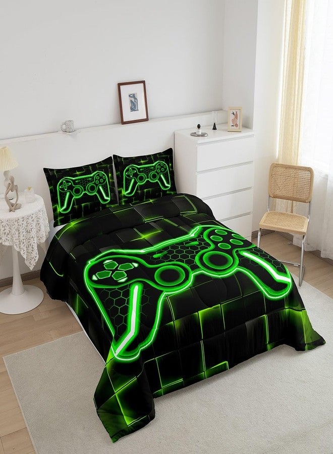 Feelyou Kids Gamer Comforter Set Twin Size Green and Black Bedding Set for Boys Teens Decor Gaming Ombre Comforter Geometric Square Duvet Set 2Pcs with 1 Pillow Case - Image 3