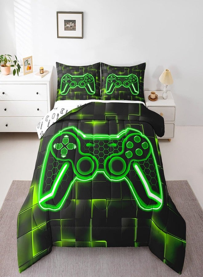 Feelyou Kids Gamer Comforter Set Twin Size Green and Black Bedding Set for Boys Teens Decor Gaming Ombre Comforter Geometric Square Duvet Set 2Pcs with 1 Pillow Case - Image 2