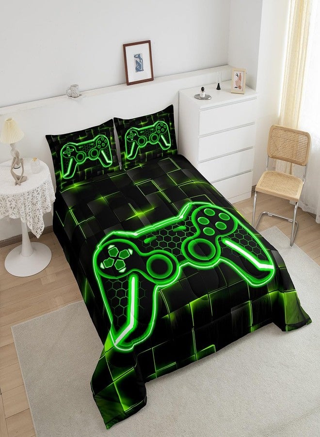 Feelyou Kids Gamer Comforter Set Twin Size Green and Black Bedding Set for Boys Teens Decor Gaming Ombre Comforter Geometric Square Duvet Set 2Pcs with 1 Pillow Case - Image 4