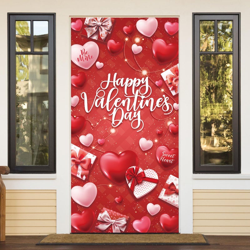 OTTPOOM Valentines Day Decorations Door Cover Happy Valentine's Day Door Banner Red and Pink Heart Valentine Decor Hanging Banner for Front Door Party Supplies - Image 1