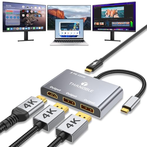 THANDBLE USB C to Dual DisplayPort Adapter and HDMI with 100W PD Charging, Triple 4K60Hz Monitor Extender for Dell/Surface Pro/HP, DP Splitter Extended Display Hub, Laptop Multi-Screen Adapter - Image 1