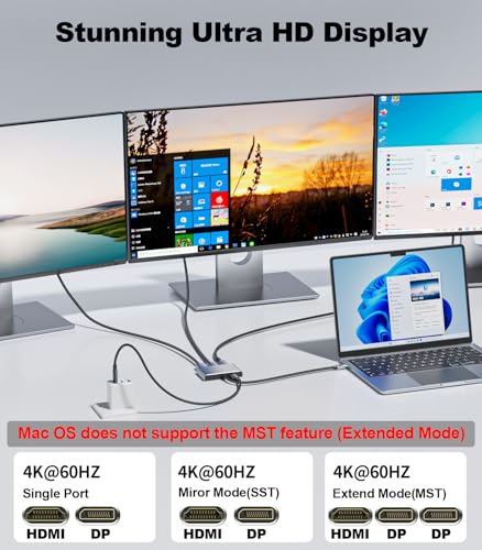 THANDBLE USB C to Dual DisplayPort Adapter and HDMI with 100W PD Charging, Triple 4K60Hz Monitor Extender for Dell/Surface Pro/HP, DP Splitter Extended Display Hub, Laptop Multi-Screen Adapter - Image 4