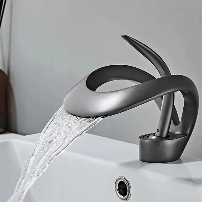 PROSFIA خلاط حوض بروفسيا رمادي غير لامع صنبور حمام حديث خلاط ذراع واحد لصنبور حمام نحاسي مع إمكانية توفير الماء الساخن والبارد شلال أنتيك خلاط حوض ذراع واحد - Image 2
