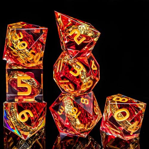 OUKELANWO Magic Lord Rings DND Dice Set with Box 7Pcs Resin LOTR DD Dice Set for Role Playing Game Red Gold Dungeons Dragons D and D Sharp Edge Dice D20 D12 D10 D8 D6 D4 - Image 5
