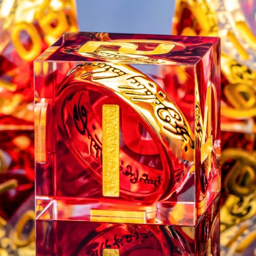 OUKELANWO Magic Lord Rings DND Dice Set with Box 7Pcs Resin LOTR DD Dice Set for Role Playing Game Red Gold Dungeons Dragons D and D Sharp Edge Dice D20 D12 D10 D8 D6 D4 - Image 1