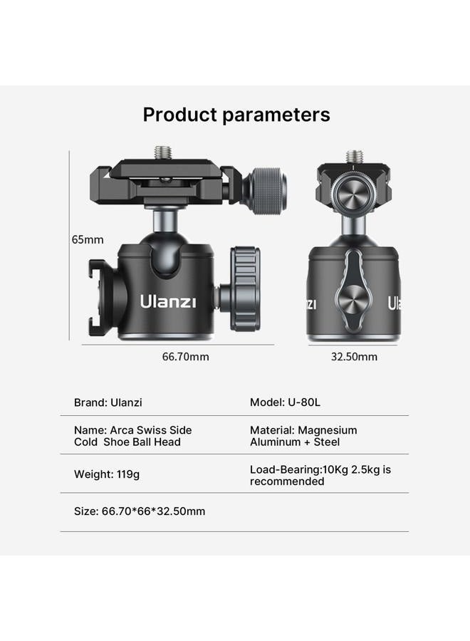 PICTRON حامل كاميرا معدني ULANZI U-80L مع رأس كروي، دوران 360 درجة مع لوحة إفراج سريعة وحذاء بارد، قدرة تحميل 22lbs/10kg لحامل ثلاثي القوائم 1/4"، وحامل أحادي، وكاميرا DSLR - Image 5