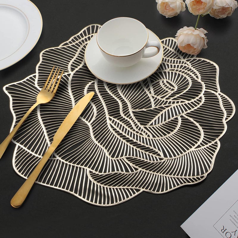 Dakshya Industries Dakshya Industries PVC Pack of 2 Rose Flower Design Placemats Cutwork Design for Kitchen Restaurant Dressing Table Mats and Dining Table Mats Gold - Image 4