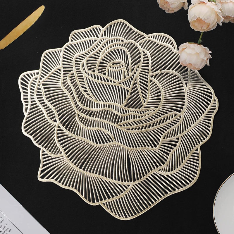 Dakshya Industries Dakshya Industries PVC Pack of 2 Rose Flower Design Placemats Cutwork Design for Kitchen Restaurant Dressing Table Mats and Dining Table Mats Gold - Image 1