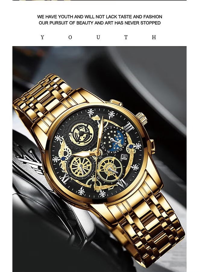 FNGEEN Men's Quartz Watch, Skeleton Design, Waterproof, Multi-Function Wristwatch with 42mm Dial and Metal Case - Image 2