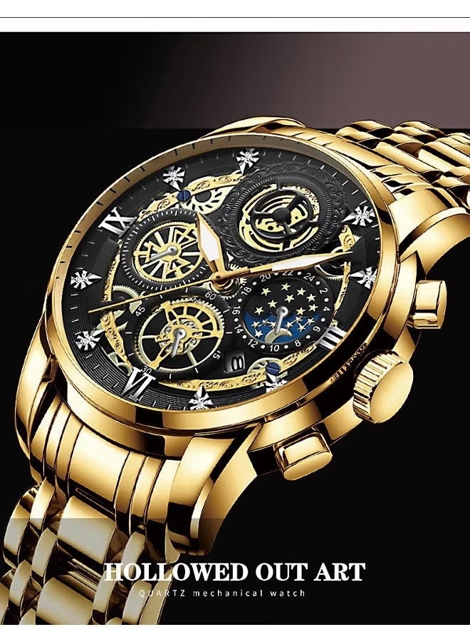 FNGEEN Men's Quartz Watch, Skeleton Design, Waterproof, Multi-Function Wristwatch with 42mm Dial and Metal Case - Image 3