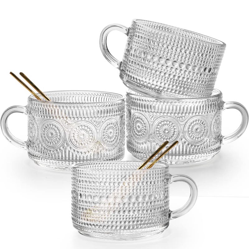 Ymyaye Vintage Glass Coffee Mugs Set of 414 OZ Embossed Glass Coffee Cups Coffee Mugs for Cereal Yogurt Latte Clear Breakfast Cups with Handle for Housewarming Gifts 2Flower2Beads