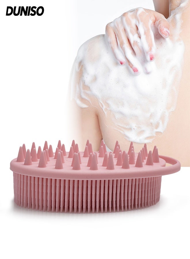 DUNISO 2 in 1 Silicone Brush，Bath and Shampoo Body Brush，Silicone Exfoliating Body Brush for Use in Shower，Easy to Clean，for Cleaning and Exfoliating the Body and Head Massage，Pink - Image 2