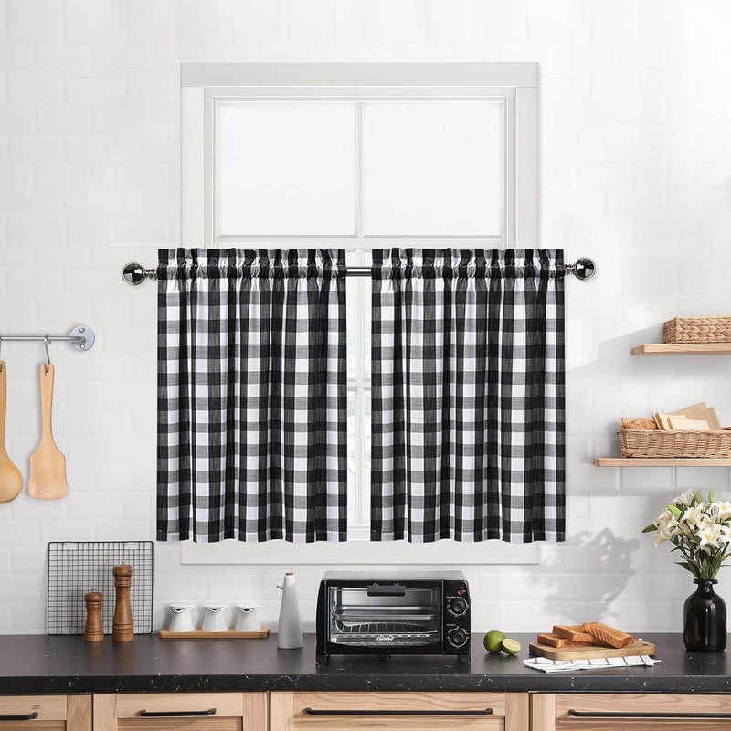 Bapawfish Kitchen Cafe Curtains 45 Inches Length, Buffalo Check Pattern Short Bathroom Window Curtain, Plaid Gingham Design Half Window Tier Curtains, 28" x 45", Black/White, Set of 2 - Image 1