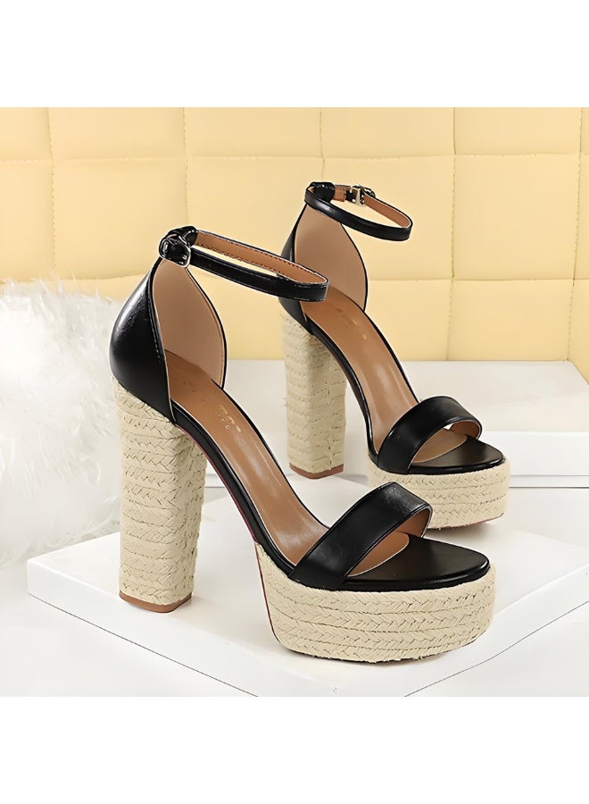 BIGTREE Women's Thick High Heel Sandals Platform Open Toe Ankle Strap Dress Pumps Black 13CM - Image 2