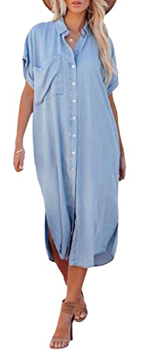 loveimgs Women Casual Button Down Faux Denim Midi Shirt Dress Side Slit Short Sleeve Jean Dress with Pocket (X-Small,Blue) - Image 1