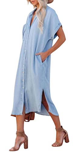 loveimgs Women Casual Button Down Faux Denim Midi Shirt Dress Side Slit Short Sleeve Jean Dress with Pocket (X-Small,Blue) - Image 2