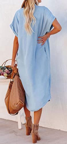 loveimgs Women Casual Button Down Faux Denim Midi Shirt Dress Side Slit Short Sleeve Jean Dress with Pocket (X-Small,Blue) - Image 4