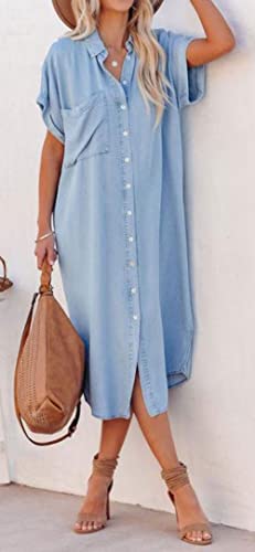 loveimgs Women Casual Button Down Faux Denim Midi Shirt Dress Side Slit Short Sleeve Jean Dress with Pocket (X-Small,Blue) - Image 5