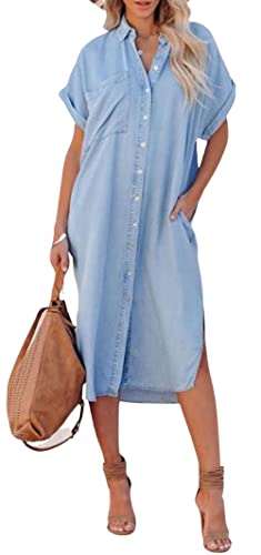 loveimgs Women Casual Button Down Faux Denim Midi Shirt Dress Side Slit Short Sleeve Jean Dress with Pocket (X-Small,Blue) - Image 3