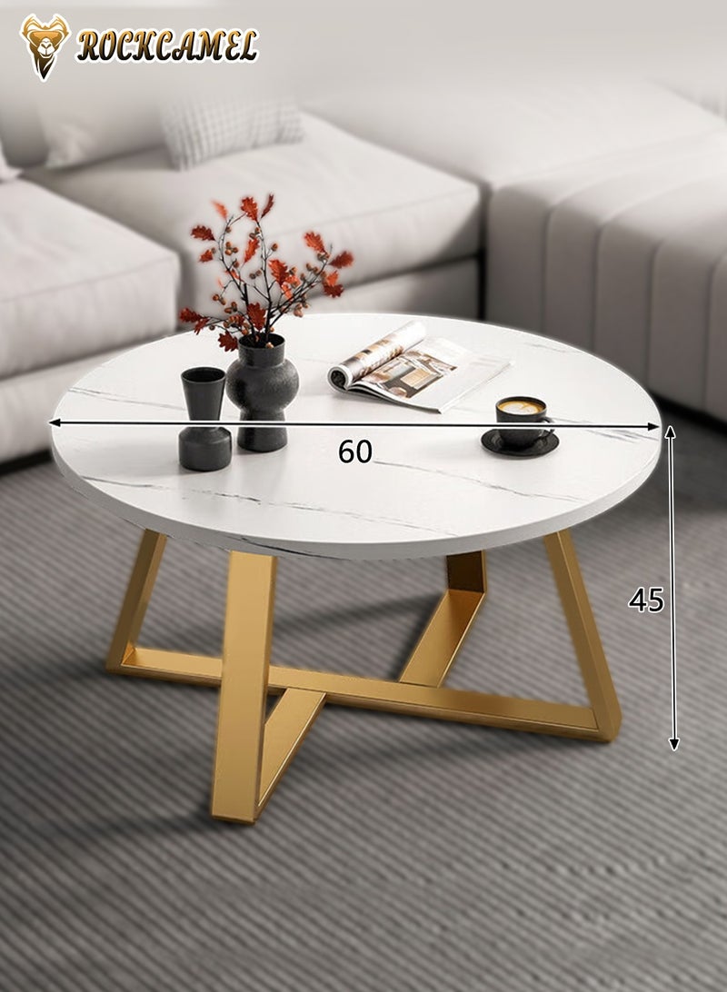 ROCKCAMEL Round Coffee Table,Side Tables, Modern End Table with Marble Pattern for Small Spaces Living Room Bedroom Balcony, Easy Assembly (White, 60x60x45cm) - Image 2