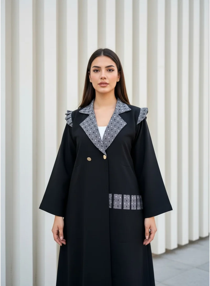 Moistreet  The Patterned Lapel & Ruffle Shoulder Abaya for Women | Best Price UAE
