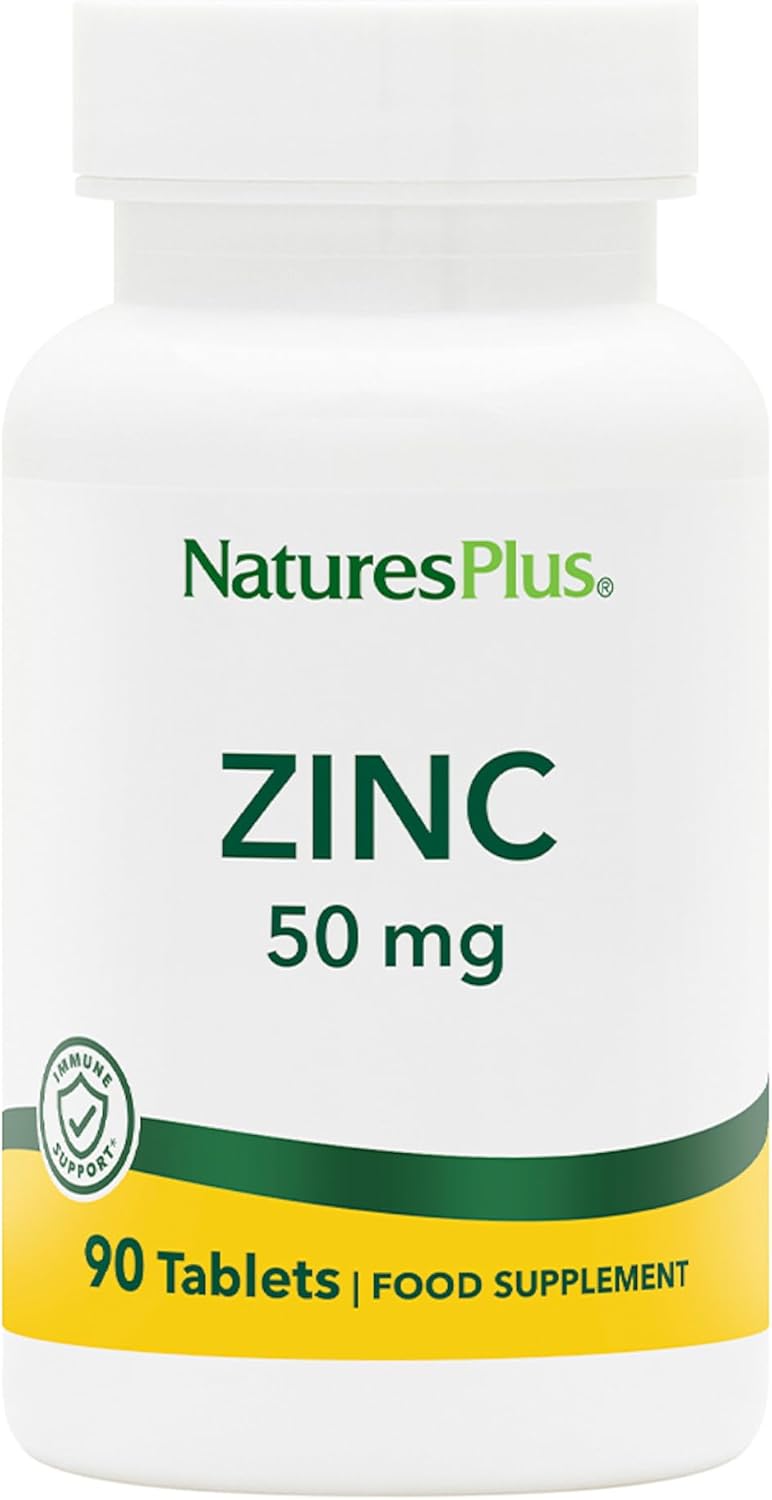 Natures Plus NaturesPlus Zinc Tablets 50mg Highly Bioavailable Zinc Bisglycinate Immune Support Skin Hair Nails Fertility and Focus Gluten Free 90 Vegetarian Tablets - Image 1