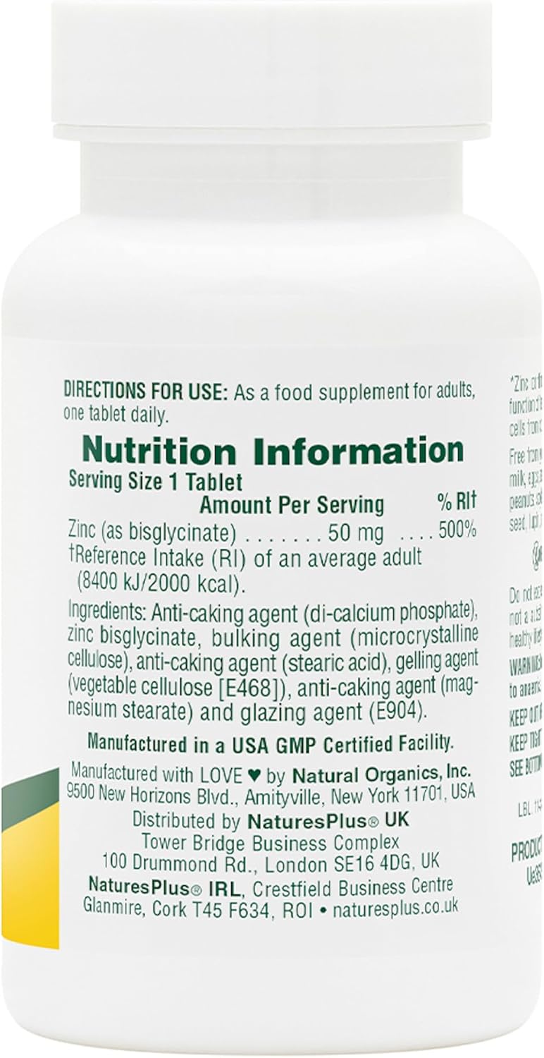 Natures Plus NaturesPlus Zinc Tablets 50mg Highly Bioavailable Zinc Bisglycinate Immune Support Skin Hair Nails Fertility and Focus Gluten Free 90 Vegetarian Tablets - Image 2