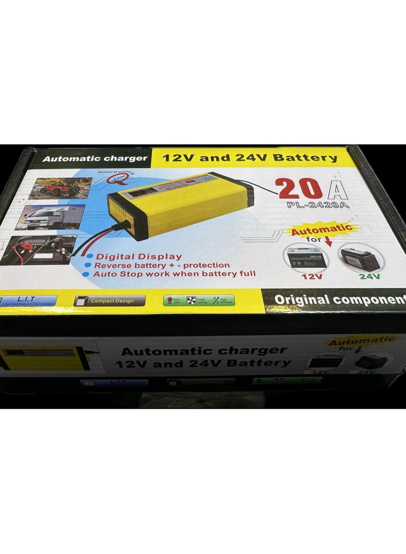 12v and 24v 20A Digital Battery Charger PL2024A Yellow- 20A Automatic Battery Charger for wet dry lead-acid battery Smart Charger 