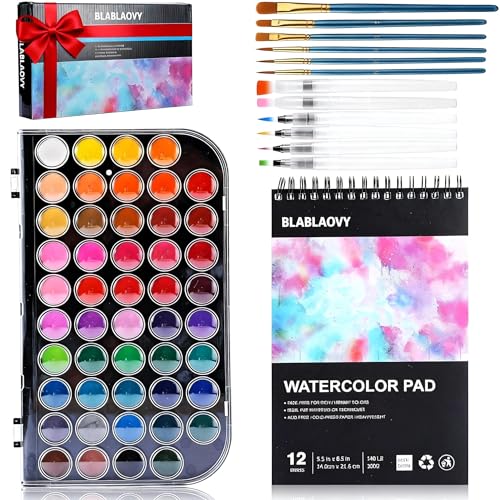 Blablaovy Watercolor Paint 48 Colors Washable Paint Set 6 Brush 6 Refillable Water Brush Pen Drawing Pad Palette Painting sets for Artists Beginners Adult Water Color Paint Sets for Kids - Image 1