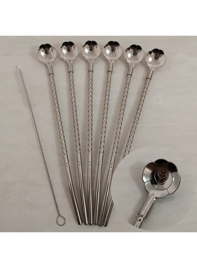 6-Piece Stainless Steel Drinking Straws Set with Stir Spoon & Cleaning Brush – Reusable Metal Straws Kit - Image 1