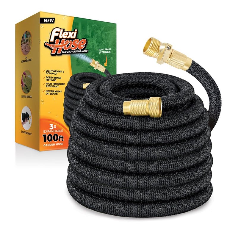 Flexi Hose Lightweight Expandable Garden Hose, 100FT -Retractable Garden Hose, Water Hose - No-Kink Flexibility, 3/4 Inch Solid Brass Fittings and Double Latex Core - Image 1