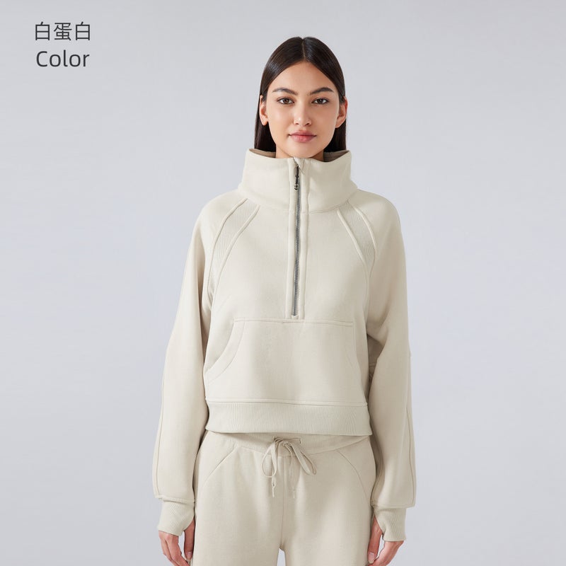 Generic Half Zip High Collar Fleece Sweater Women Autumn Winter white protein