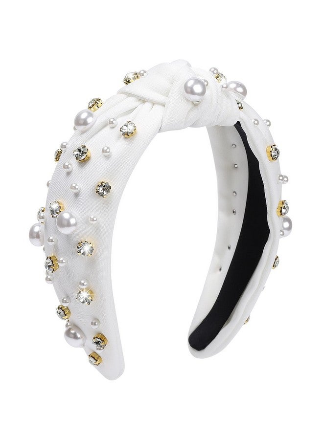 WantGor Pearl Knotted Headband Women Rhinestone Embellished Hairband Elegant Wide Top Knot Bride Headbands Headpieces Party Fashion Elegant Ladies Hair Band Hair Hoop Accessories (White) - Image 1